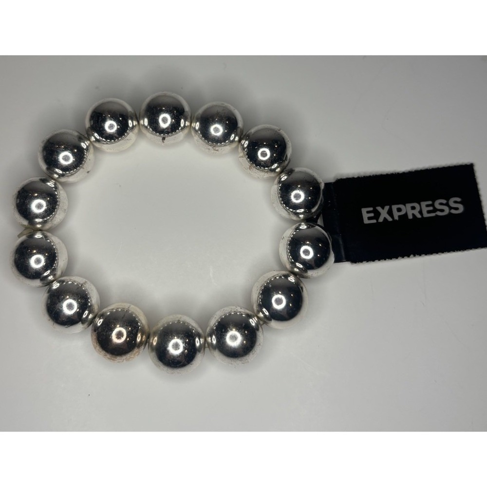 Express NWT Y2K 2000s Metallic Silver Tone 12mm Bead Stretch Bracelet